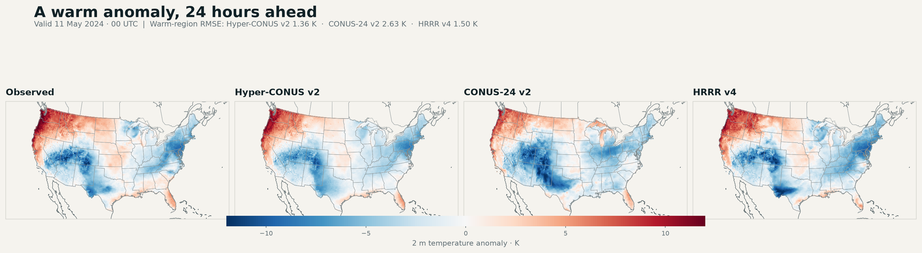 Observed, Hyper-CONUS v2, CONUS-24 v2, and HRRR temperature anomalies over the contiguous United States for 11 May 2024 at 00 UTC.